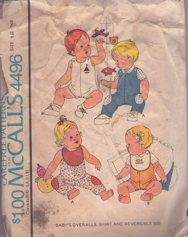McCall's 4496 Vintage 70's Sewing Pattern Baby Sunsuit, Snap Crotch Romper, Jumpsuit, Reversible Button On Bib Size 12 Mos.