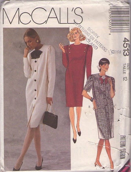 McCall's 4513 Vintage 80's Sewing Pattern Office Party Dress Set, Straight Fit Dress, Flanged or Front Buttoned Coat Dress Size 12