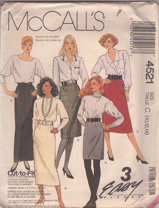 McCall's 4521 Vintage 80's Sewing Pattern Secretary Skirt Set, 3 Easy Pieces Pleated Short, Knee or Midi Length Skirt Set Sheath or A-Line Size 10-14