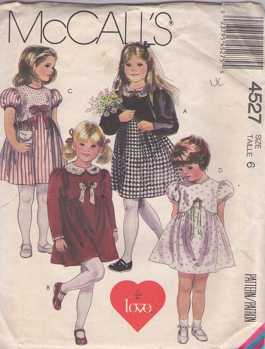 McCall's 4527 Vintage 80's Sewing Pattern Girls' Dress, It Must Be Love Designs, Shaped High Waist Fancy School or Party Dress Set 4 Styles Size 6