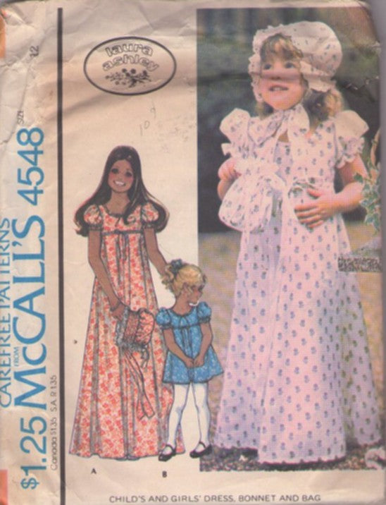 McCall's 4548 Vintage 70's Sewing Pattern Girls' Prairie Dress, Designer Laura Ashley Gown, Dress, Sun Bonnet Hat, Drawstring Bag Size 12