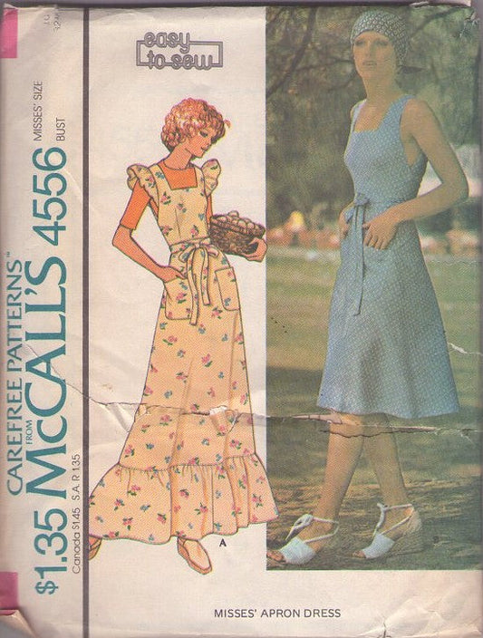 McCall's 4556 Vintage 70's Sewing Pattern Farmcore Dress, Easy to Sew, Farmer's Daughter Cottagecore Back Wrap Around Ruffled Maxi Apron Dress, Sun Dress 2 Styles Size 10