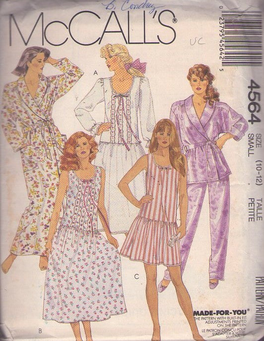 McCall's 4564 Vintage 80's Sewing Pattern Nightgown Wardrobe, Cottagecore Victorian Vibes Summer Drop Waist Nightgown, Wrap Shawl Collar Robe, Pajamas Top & Pants, Summer House Dress Size S