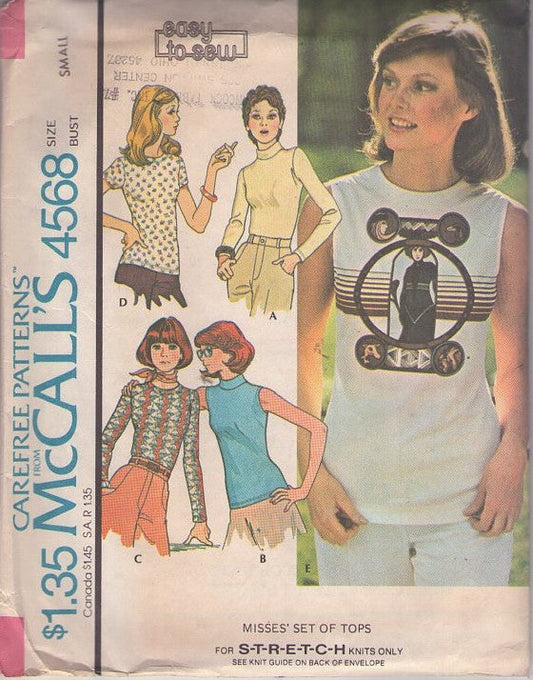 McCall's 4568 Vintage 70's Sewing Pattern Easy To Sew Tops, Sleeveless, Short or Long Sleeve Back Zippered Tshirt Top Set Size S