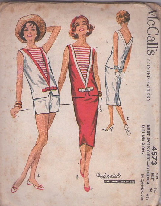 McCall's 4573 Vintage 50's Sewing Pattern Rockabilly Sports Set, Nautical Overblouse, Blouse, Pencil Slim Skirt, Shorts Size 14