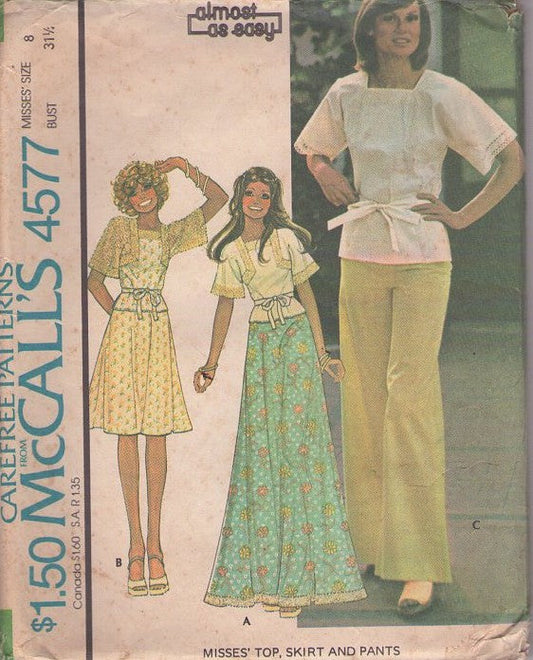 McCall's 4577 Vintage 70's Sewing Pattern Disco Separates, Sheer Lace Sleeve or Insertion Lace Top, Blouse, Flared Secretary or Hostess Maxi Skirt & Slacks Size 8