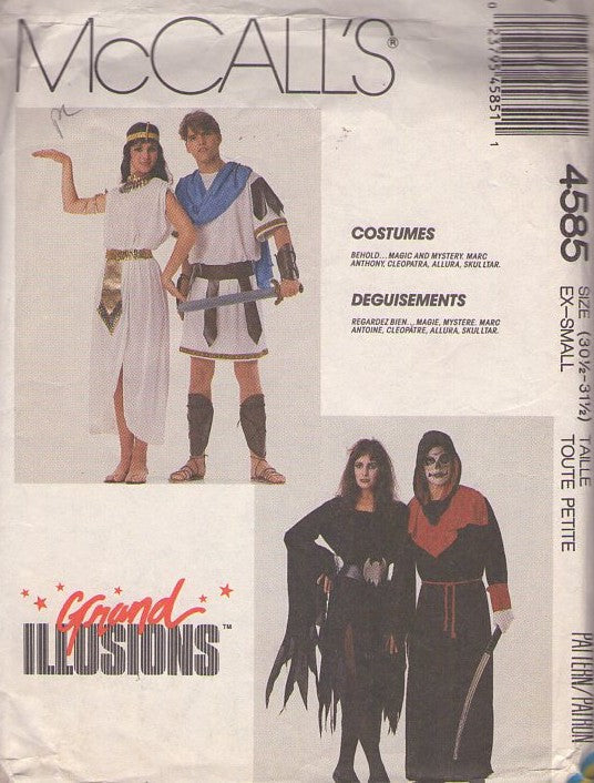 McCall's 4585 Vintage 80's Sewing Pattern Couples' Costumes, Halloween Costume Cleopatra Marc Antony, Witch & Grim Reaper Grand Illusions Dress, Tunic Size XS