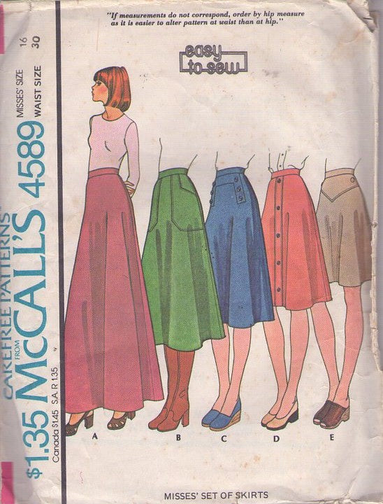 McCall's 4589 Vintage 70's Sewing Pattern Classic Skirts, Easy to Sew Very Versatile Secretary, Daytime, Evening Skirt in 5 Length & Style Options Size 16
