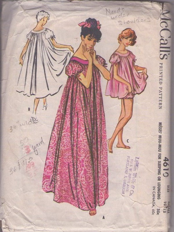 McCall's 4610 Vintage 50's Sewing Pattern Hawaiian MuuMuu, Sweeping Nightgown, Nightie & Bloomer Panties, House Dress Size S 10-12