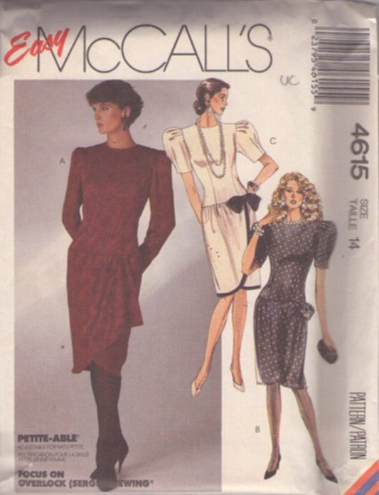 McCall's 4615 Vintage 80's Sewing Pattern Career Dress, Dynasty Secretary, Fancy Pleated Puff Sleeve, Drop Waist, Faux Wrap Draped Skirt Cocktail Party Dress 3 Styles Size 14