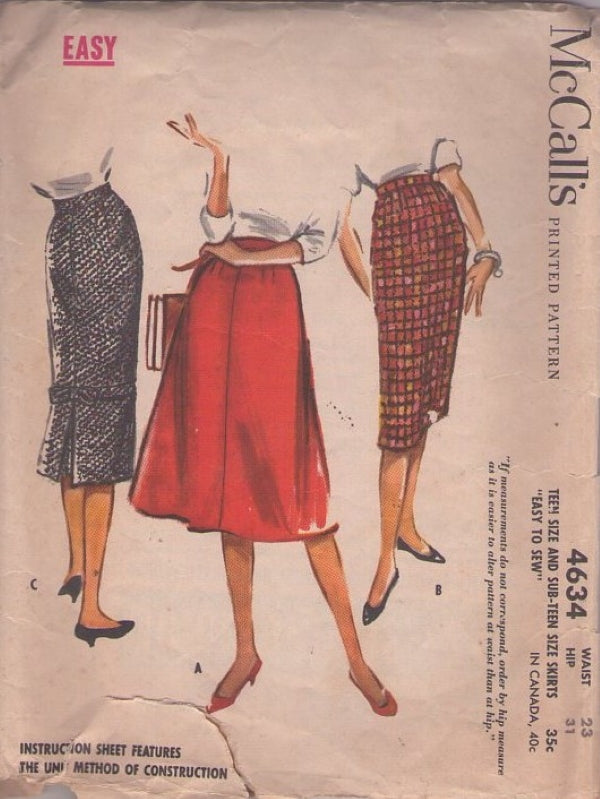 McCall's 4634 Vintage 50's Sewing Pattern Easy to Sew Rockabilly Secretary Skirt Set, Flared or Sheath 3 Styles Waist 23