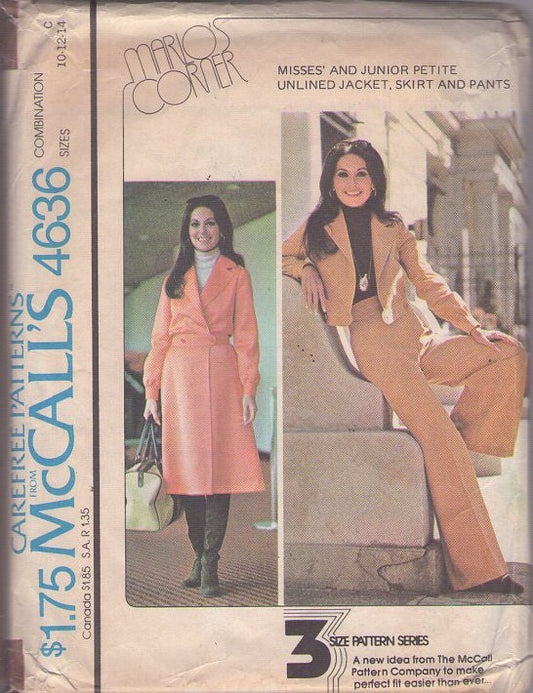 McCall's 4636 Vintage 70's Sewing Pattern Disco Pantsuits, Marlo's Corner Hip Band Wrap Front BIG Collar Jacket, A-Line Secretary Skirt, High Waisted Flared Leg Pants Size 10-14