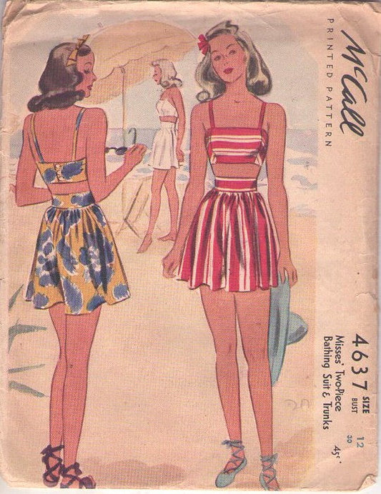 McCall's 4637 Vintage 40's Sewing Pattern Swing Era Swimsuit, 2 Piece Bikini Bra Top, Flared High Waist Shorts Trunks, Bottoms Size 12