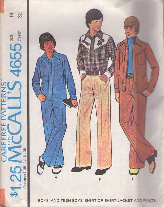 McCall's 4655 Vintage 70's Sewing Pattern Boys' Shirts, Retro Western Rockabilly Shaped Yoke Snaps Shirt, Fly Front Pants, Embroidery Size 14