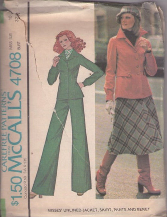 McCall's 4708 Vintage 70's Sewing Pattern Urban Chic Separates, Unlined Blazer Suit Jacket with Buttons or Zipper, A-Line Boot Cut Skirt, Wide Flared Bell Bottom Pants Size 10