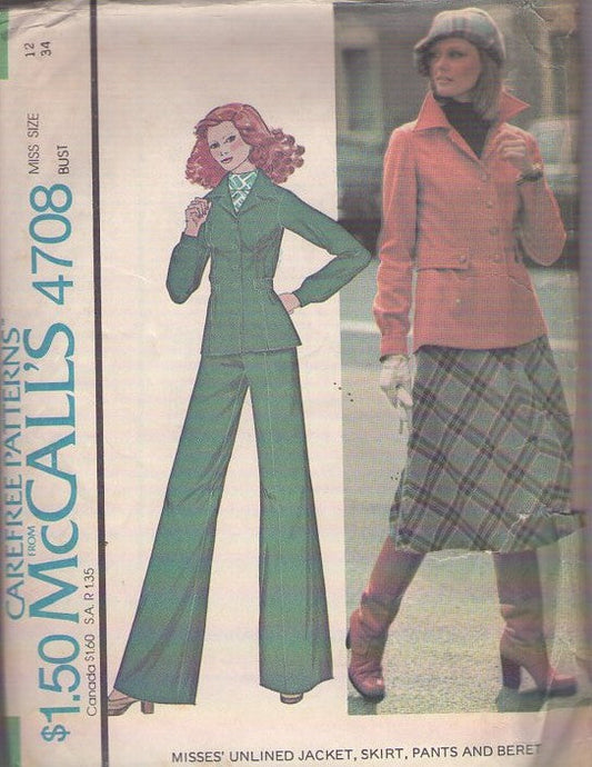 McCall's 4708 Vintage 70's Sewing Pattern Urban Chic Separates, Unlined Blazer Suit Jacket with Buttons or Zipper, A-Line Boot Cut Skirt, Wide Flared Bell Bottom Pants Size 12