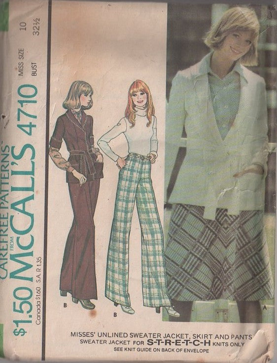McCall's 4710 Vintage 70's Sewing Pattern Secretary Separates, High Waisted Plaid, Flared Leg Pants, Bias Skirt, Cardigan Sweater Jacket Size 10