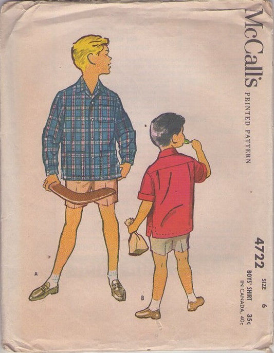 McCall's 4722 Vintage 50's Sewing Pattern Boys' Shirt, Back Yoked, Short or Long Sleeves, Dress or Casual Size 6