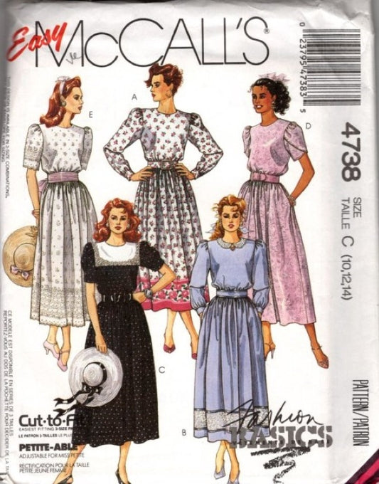 McCall's 4738 Vintage 90's Sewing Pattern Easy Modest Secretary Dress, Prairie Cottagecore Looks, 5 Styles, Fashion Basics Size 10-14