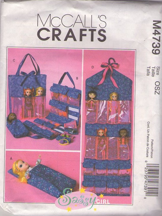 McCall's 4739 Retro 2004 Sewing Pattern Crafts for Dolls, Sassy Girl Toy Fashion Doll Organizer, Hanger, Sleeping Bag, Tote, SUPER CUTE