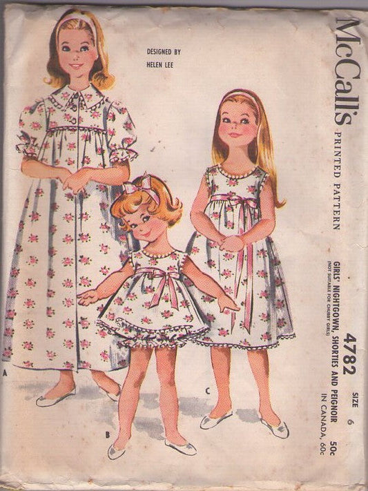 McCall's 4782 Vintage 50's Sewing Pattern Girls' Pajamas, Designer Helen Lee, Nightgown, Babydoll Pajamas Top & Bloomers Panties, House Coat, Peignoir Robe Size 6