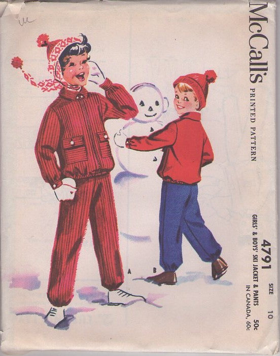 McCall's 4791 Vintage 50's Sewing Pattern Girls' & Boys' Coats, Ski Jacket & Suspender Pants with Elasticized Ankle Edge Size 10