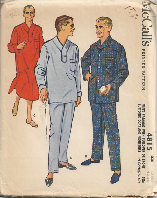 McCall's 4815 Vintage 50's Sewing Pattern Men's Pajamas, Nightshirt, Shirt, Pants, Rockabilly Styles Size Large