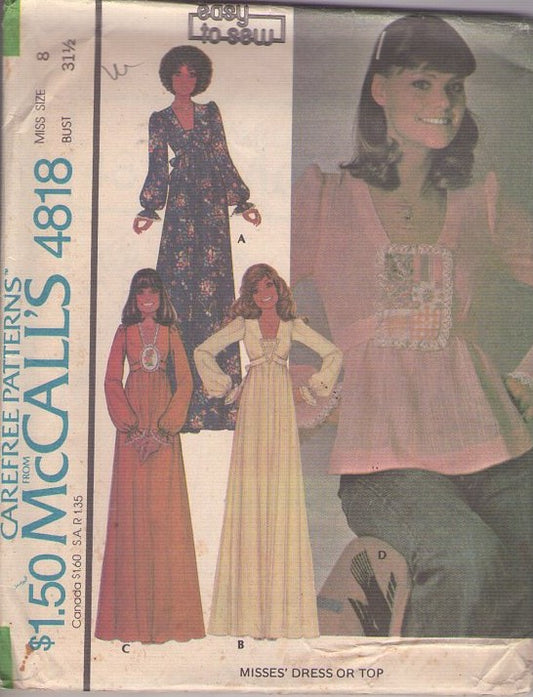 McCall's 4818 Vintage 70's Sewing Pattern Prairie Dress, Boho Gunne Sax Look, Front Inset, Tie Back Shirt, Cottagecore Maxi Gown Size 8