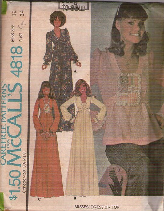 McCall's 4818 Vintage 70's Sewing Pattern Prairie Dress, Boho Gunne Sax Look, Front Inset, Tie Back Shirt, Cottagecore Maxi Gown Size 12
