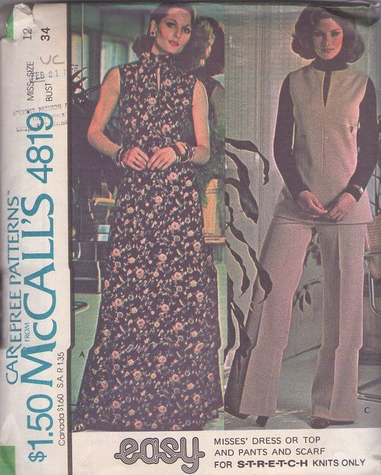 McCall's 4819 Vintage 70's Sewing Pattern Boho Dress, Top, Slit Neck Pullover Tunic Top Blouse, Pants, Hostess Lounge Maxi Gown, Pantsuit Size 12