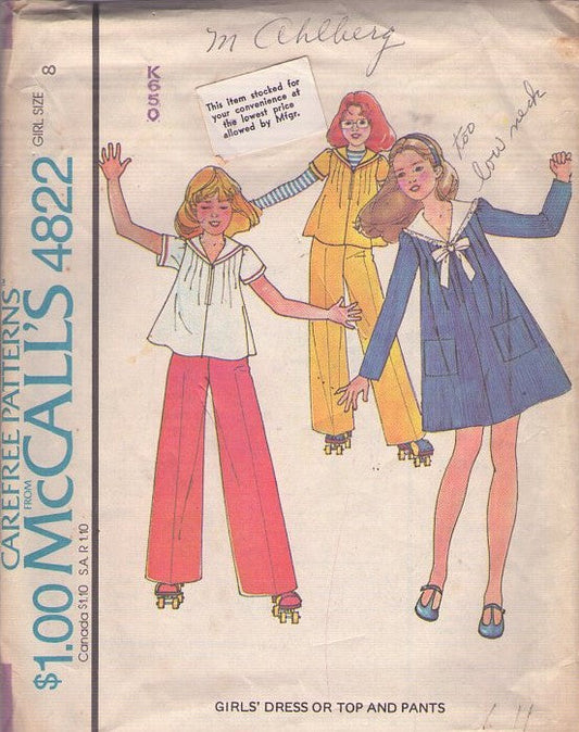McCall's 4822 Vintage 70's Sewing Pattern Girls' Dress, Blouse, Flared Sailor Collar School Dress, Top, Pants Size 8