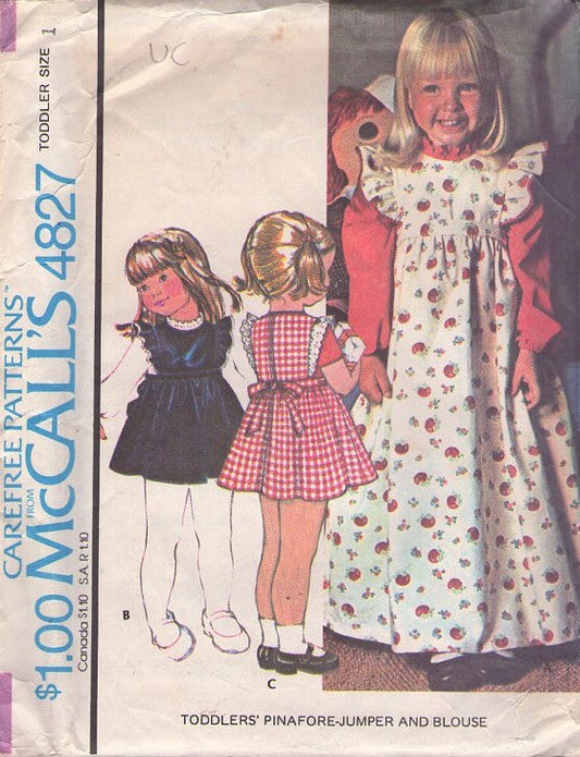 McCall's 4827 Vintage 70's Sewing Pattern Girls' Separates, Flutter Sleeve Tie Back Pinafore Cottagecore Prairie Dress, Long Maxi Apron Dress & Blouse Size 1
