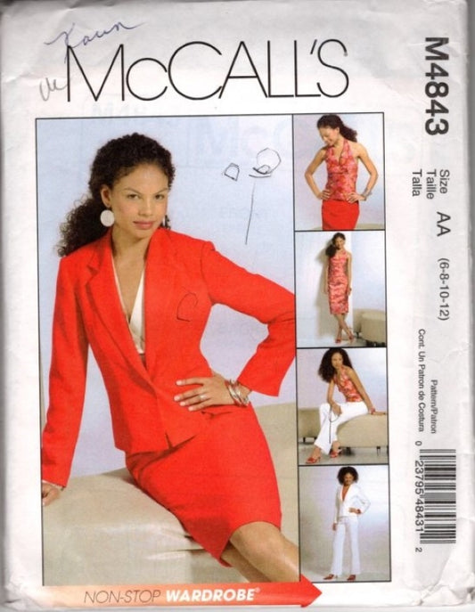 McCall's 4843 Retro 2005 Sewing Pattern Non Stop Wardrobe, Career Sheath Dress, Halter Top, Skirt, Pants, Jacket Size 6-12