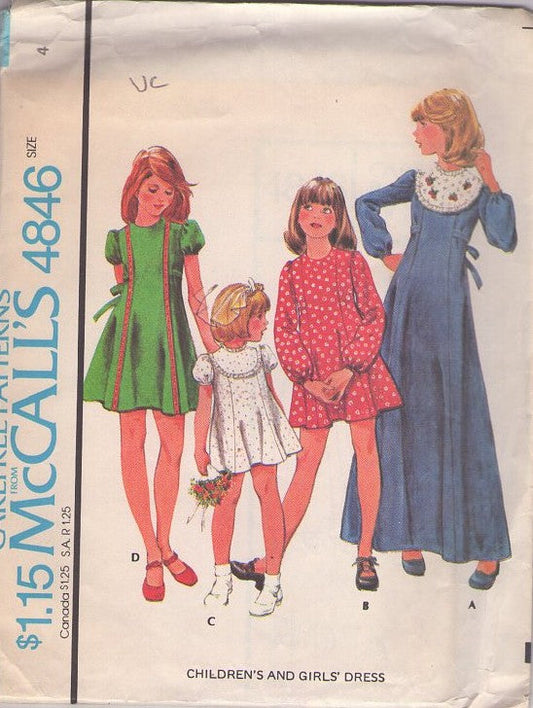 McCall's 4846 Vintage 70's Sewing Pattern Girls' School Dress, Carefree Puff or Balloon Sleeve Tie Back School Dress, Maxi Cottagecore Prairie Gown Set, 4 Styles Size 4