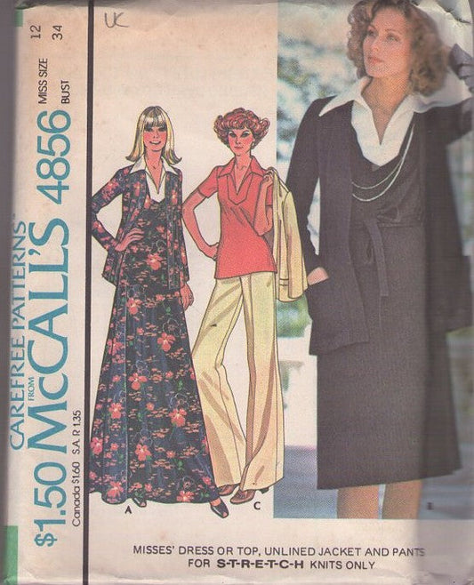 McCall's 4856 Vintage 70's Sewing Pattern Secretary Separates, Yoked Wide Collar, Polo Style Shirt, Top, Dress or Maxi Gown & Shirt Jacket, Pants Size 12