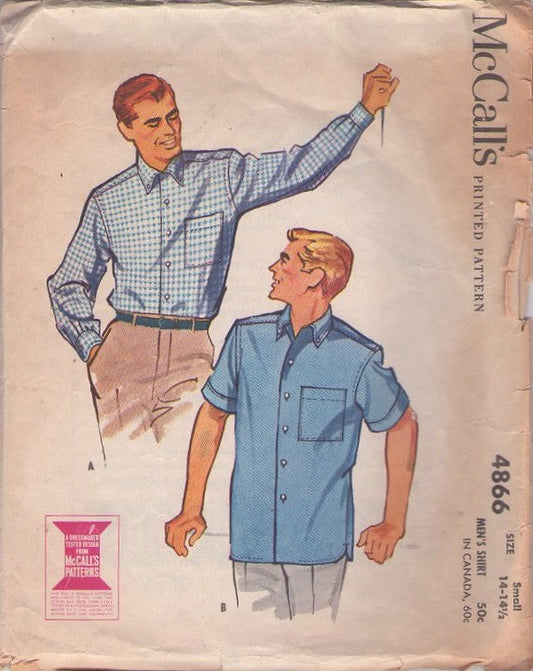 McCall's 4866 Vintage 50's Sewing Pattern Men's Shirts, Joel Maisel Button Down Collar Sports or Dress Shirt Size S
