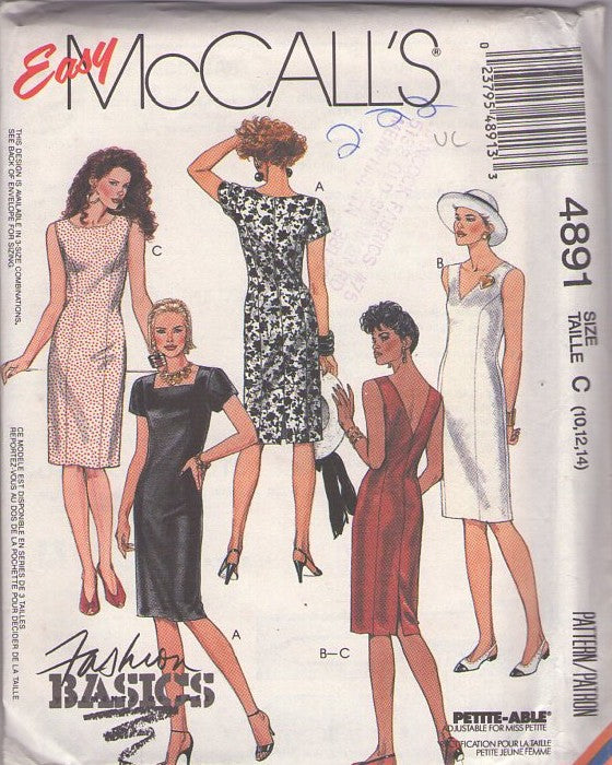 McCall's 4891 Retro 90's Sewing Pattern Easy Dress Set, Fashion Basics Scoop, V, Square Neckline Princess Seams Office Secretary Sheath Dress 3 Styles Size 10-14