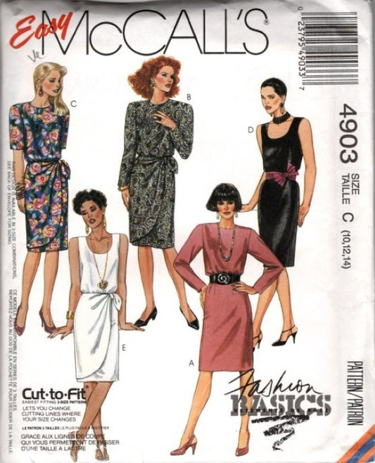 McCall's 4903 Vintage 90's Sewing Pattern Easy Fashion Basics Dress, Faux Sarong Wrap Skirt, Secretary, Career 5 Styles Size 10-14