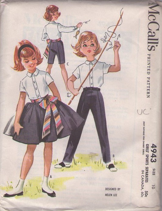 McCall's 4943 Vintage 50's Sewing Pattern Girls' Separates, Designs by Helen Lee, Button Up Shirt, Blouse, Full Flared Skirt, Sash Belt, Trousers, Slacks Sports Styles Size 10
