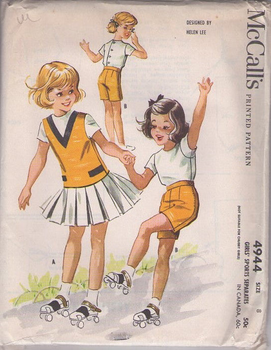 McCall's 4944 Vintage 50's Sewing Pattern Girls' Designer, Helen Lee Girls' Sports Separates Back Button Blouse, V Neck Jerkin Vest, Box Pleats Skirt, Long Modest Shorts Size 8