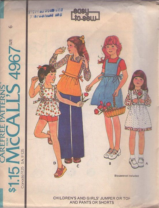McCall's 4967 Vintage 70's Sewing Pattern Girls' Jumpers, Tops, Easy to Sew, Square Neck Apron Style Blouse, Jumper, Pinafore Dress, Shorts & Flared Pants Size 6
