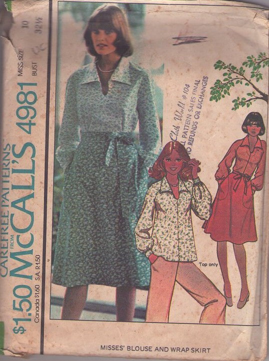 McCall's 4981 Vintage 70's Sewing Pattern Casual Separates, Disco Era Raglan Sleeve, Wing Collar Pullover Blouse, Shirt, Wrap Around & Tie Cargo Pockets Skirt Size 10 UNCUT