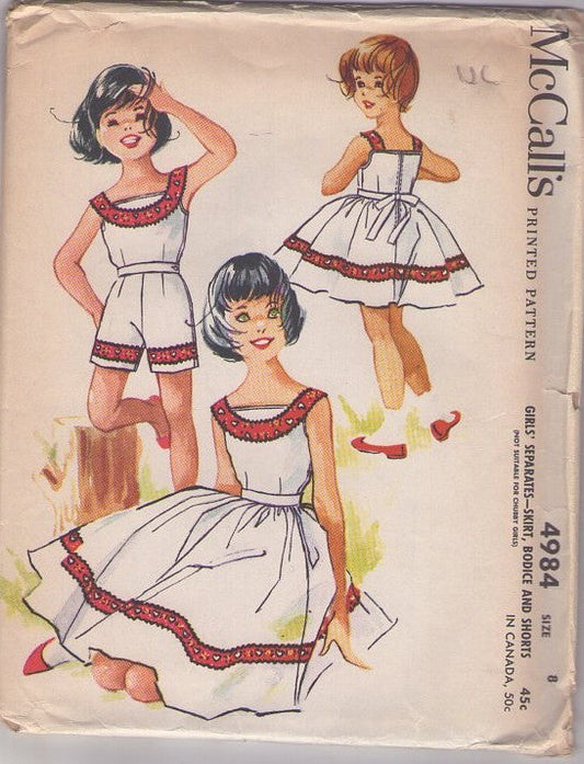 McCall's 4984 Vintage 50's Sewing Pattern Girls' Summer Set, Separates, Scoop Neck Band Trim Strapped Bodice Top Blouse, Full Skirt, Shorts Size 8