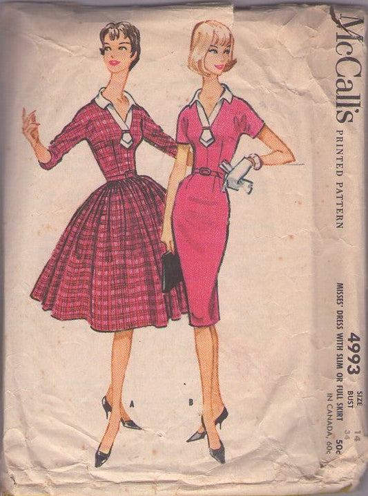 McCall's 4993 Vintage 50's Sewing Pattern Rockabilly Dress, Pinup Girl, Wiggle or Flared Skirt, Full Skirt Party Dress with Tucked Tie Collar Size 14