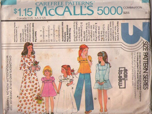 McCall's 5000 Vintage 70's Sewing Pattern Girls' Dress, Top, Puff Sleeve, Cottagecore Gown, School Blouse, Embroidery Size