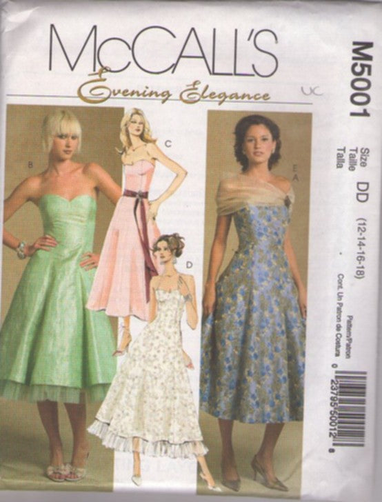 McCall's 5001 Retro 2005 Sewing Pattern Evening Elegance Formal, Prom Dress, 80s Does 50s, Summer Wedding Party, 5 Styles Size 12-18