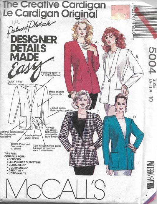 McCall's 5004 Vintage 90's Sewing Pattern Palmer Pletsch Fitted Career Blazer, Jacket Set Size 10