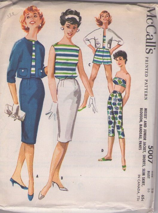 McCall's 5007 Vintage 50's Sewing Pattern Rockabilly Separates, Weekender Wardrobe, Bandeau Bra Top, Shorts, Capri Pants, Pencil Skirt, Bateau Top, Dolman Sleeve Cropped Jacket Size 16