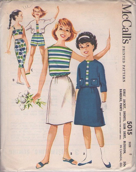 McCall's 5015 Vintage 50's Sewing Pattern Girls' Summer Separates Bra Top, Shorts, Capri Pants, A-Line Skirt, Cropped Suit Jacket Size 8