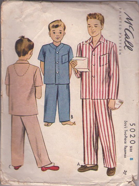 McCall's 5020 Vintage 40's Sewing Pattern Boys' Pajamas Set, Collared Sleep Shirt Top in 3 Styles, Drawstring Trousers Size 8